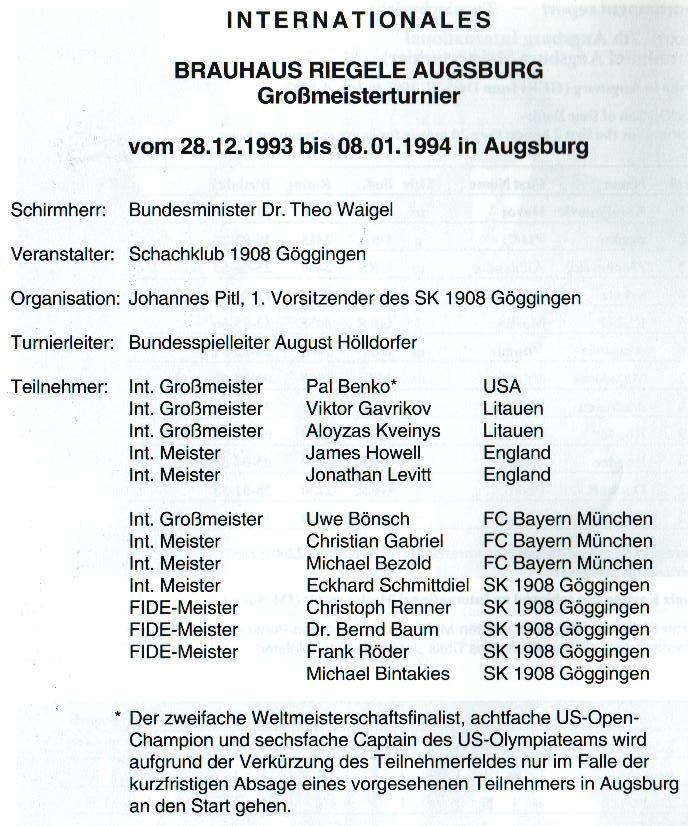 Teilnehmerliste Int. Brauhaus Riegele Großmeisterturnier 1993/94